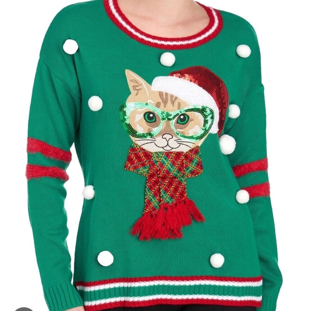United States Sweaters Green Cat Holiday Sweater Size M